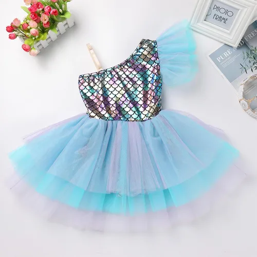 Miniatura 2 de IBAKOM Leotardo de ballet para niñas, disfraz de bailarina de Halloween, un hombro, vestido de baile de sirena y cavegirla, camisola, leotardo