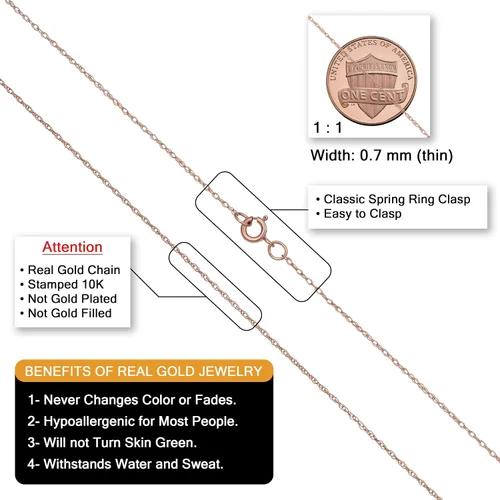 Miniatura 2 de Kooljewelry Solid 10k Rose Gold 0.7 mm Dainty Rope Chain Necklace