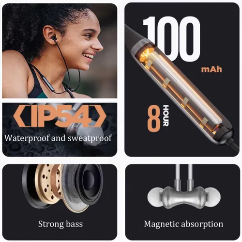 Miniatura 6 de Auriculares magnéticos con banda para el cuello, semiintraurales, IPX5, impermeables, alrededor del cuello, 8 horas de reproducción, Bluetooth V5.3