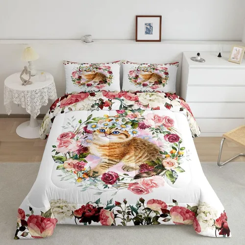 Erosebridal Lindo juego de edredón con diseño de gatos, ropa de cama con temática de animales, edredón y juegos de ropa de cama de flores coloridas,
