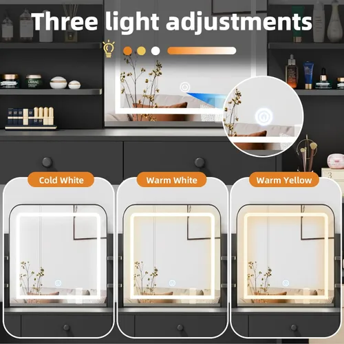 Miniatura 3 de Escritorio de tocador de maquillaje con espejo LED y estantes inclinados de 5 niveles, 7 áreas de almacenamiento abiertas y 3 cajones, tocador