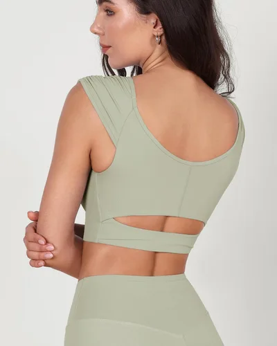 Miniatura 47 de ODODOS Camiseta corta sin mangas con cuello en V y frente fruncido para mujer, recortada en la espalda, manga casquillo