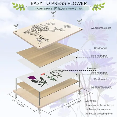 Miniatura 3 de Rhykoka Kit de prensa de flores grandes para adultos, 10 capas de 11.8 x 8.3 pulgadas, kit de prensa de plantas de hojas de madera, gran regalo