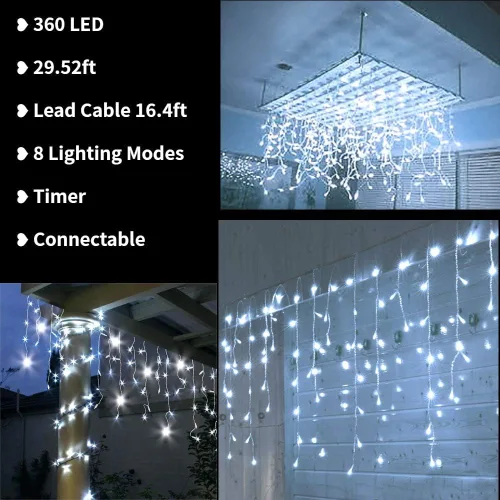Miniatura 2 de Toodour Luces de Carámbanos de Navidad para Exteriores, 360 LED 29.5 pies 8 Modos Luces de Hada de Carámbanos en Cadena con 60 Gotas, Luces LED