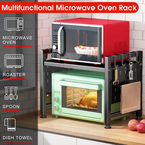 Miniatura 5 de Kitstorack Estante ajustable para horno de microondas, estante para microondas resistente de 2 niveles con tablas de cortar, soporte para estantes