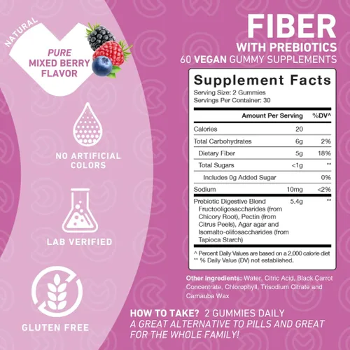 Miniatura 4 de PUREFINITY Gomitas de fibra para adultos con inulina FOS de raíz de achicoria, suplemento prebiótico sin azúcar para digestión diaria y apoyo al