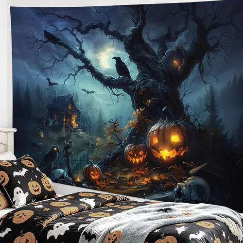 Miniatura 26 de HVEST Tapiz de Halloween para colgar en la pared, esqueleto de terror, cráneo, cementerio, calabaza, farol, bosque muerto, tapiz nocturno