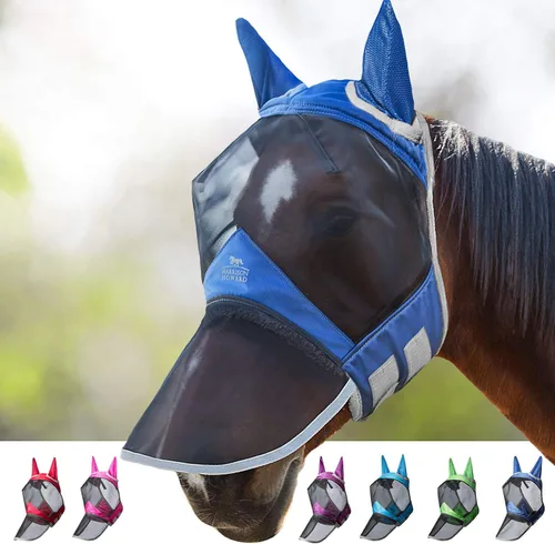 Harrison Howard CareMaster Pro - Máscara luminosa para mosca de caballo, gran espacio para los ojos, nariz larga con orejas, protección UV para Azul