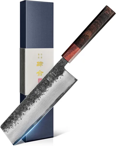 kanngou Cuchillo Nakiri de chef japonés de 7 pulgadas, cuchillo de chef japonés AUS-8 de acero aleado vegetal con sándalo rojo y mango de madera de