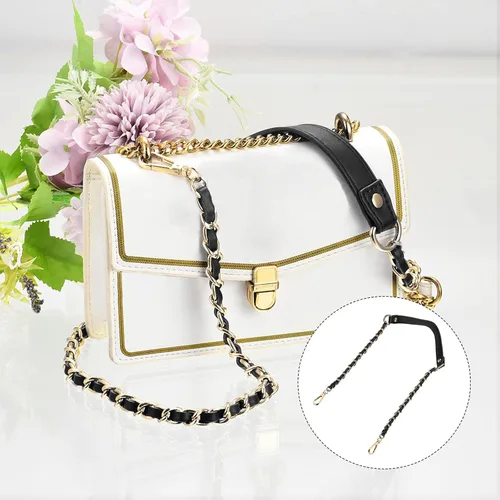 Miniatura 5 de Uxcell Correa de cadena plana de hierro de cuero de 39 pulgadas para bolso de mano, mango de reemplazo de hombro, negro con cadena dorada