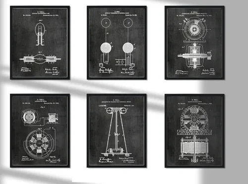 Nikola Tesla Gifts Engineers - Decoración de pared Steampunk 6 (8 x 10 pulgadas) enmarcadas impresiones de patentes de arte de pared - Arte
