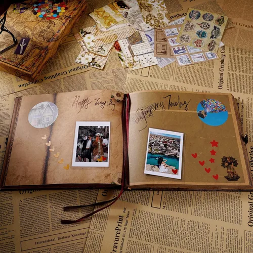 Miniatura 7 de JIMBON Nuestro álbum de fotos de libro de aventuras, estilo retro, tapa de letras en relieve, diario de viaje, kit de libro de recortes