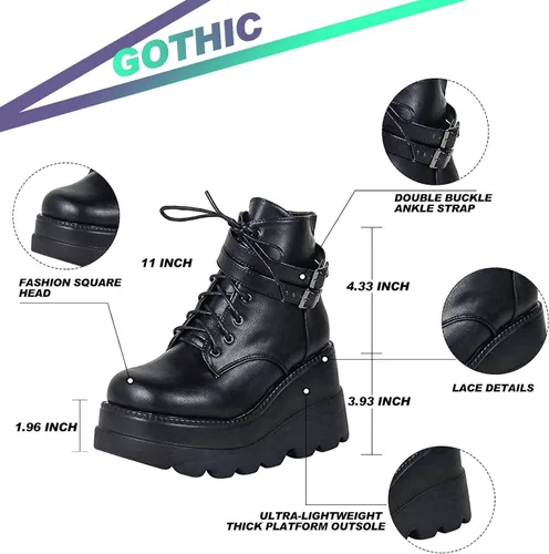 Miniatura 5 de UOQAPRE Botas de combate de tacón alto para mujer, con puntera cuadrada, con cordones, botines de plataforma gruesa con plataforma gruesa