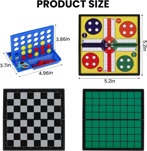 Miniatura 2 de Juego de mini juegos de viaje 5 en 1 con 4 tableros de ajedrez plegables y 5 juegos de piezas de ajedrez, damas magnéticas, ajedrez, ludo, reversi