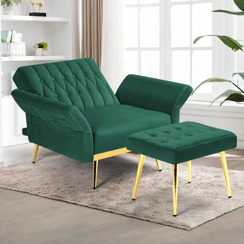 Miniatura 2 de Silla decorativa de terciopelo con respaldo y reposabrazos ajustables, sillón reclinable individual con otomana y patas mentales doradas para sala