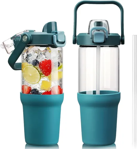 Miniatura 21 de Vaso de vidrio con asa de transporte, botella de agua de vidrio transparente con tapa a prueba de fugas, tapa de boquilla y popote, sin BPA, 32