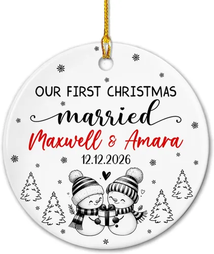 Miniatura 23 de Adorno de cerámica Our First Christmas Together, adorno de Navidad 2025 personalizado con nombre y fecha, renos para colgar en cerámica, regalo