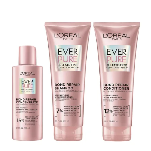 L'Oreal Paris Bond Repair Champú, Acondicionador y Tratamiento Pre-Champú Libre de Sulfatos, Para Cabello Teñido, Decolorado o Dañado, 3 Unidades