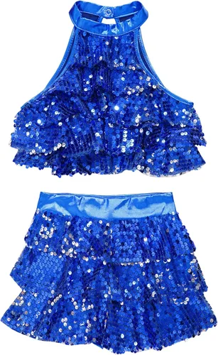 Miniatura 55 de JEATHA Top corto con borlas y lentejuelas brillantes para niñas, con minifalda, jazz latino, salsa, samba, rumba, baile