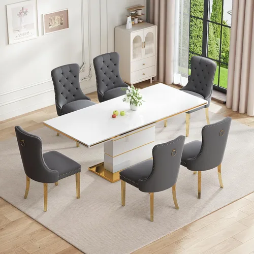 Miniatura 3 de Mesa de comedor moderna negra para 6 personas, mesa de cocina rectangular de 63 pulgadas con acabado lacado dorado y base de pedestal de acero