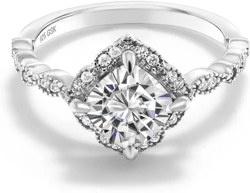 Miniatura 50 de Gem Stone King Anillo de compromiso solitario de moissanita blanca con piedra natal de corte cojín de 0.276 in para mujer, plata de ley 925
