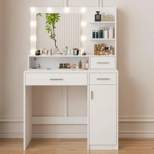 Miniatura 2 de Escritorio de tocador con espejo y luces, mesa de tocador de maquillaje con toma de corriente USB, cajón y estantes de almacenamiento, armario