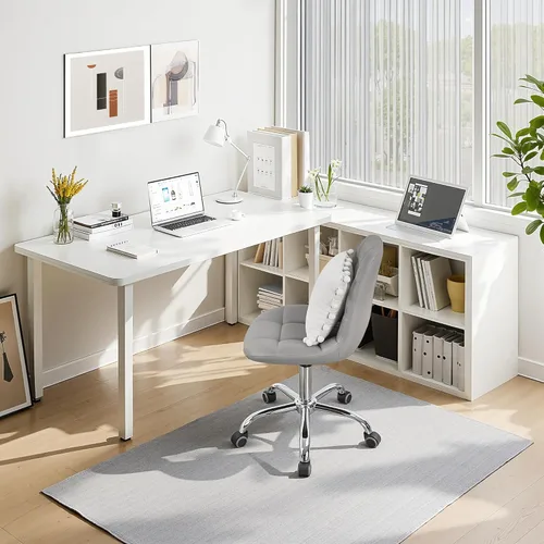 Miniatura 3 de VECELO Silla de escritorio para casa y oficina sin brazos, altura ajustable, de piel sintética PU, giratoria 360 grados con ruedas, elegante y Gris