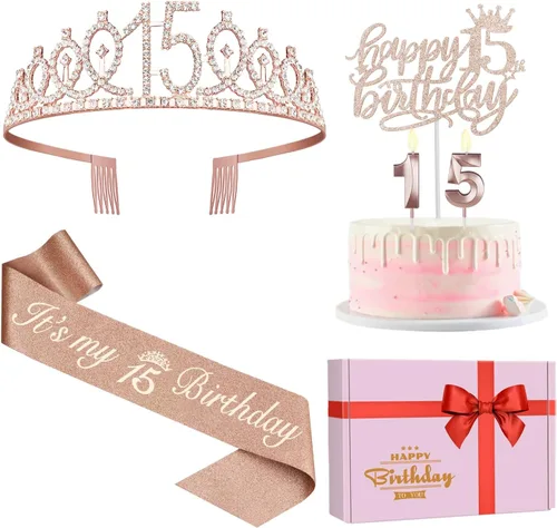 Miniatura 17 de Decoraciones de cumpleaños número 13 para niñas, incluyendo corona/tiara de cumpleaños 13, banda oficial para adolescentes y decoración de pastel