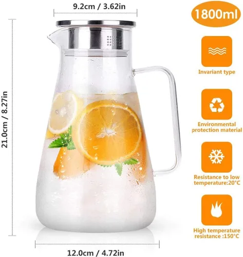 Miniatura 2 de Jarra de vidrio resistente al calor con tapa de acero inoxidable, jarra de agua con asa, buena jarra de bebidas para jugo casero y té helado, 50.7