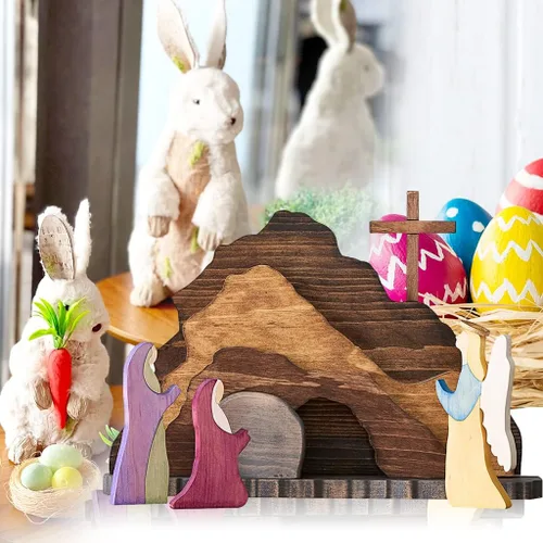 Miniatura 2 de IoF Adorno de escena de resurrección de Pascua, decoración de Pascua religiosa de madera, figuras de tumba vacía cristiana de madera, juego
