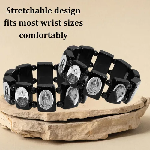 Miniatura 5 de Catholica Shop Pulseras elásticas de madera religiosas católicas devocionales. Paneles pequeños y grandes con imágenes surtidas de santos, Jesús
