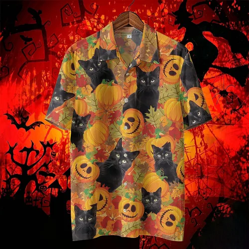 Miniatura 4 de Camisa hawaiana de gato negro para hombre, camisa de noche de Halloween, camisa de manga corta con botones (MP_HW_66)