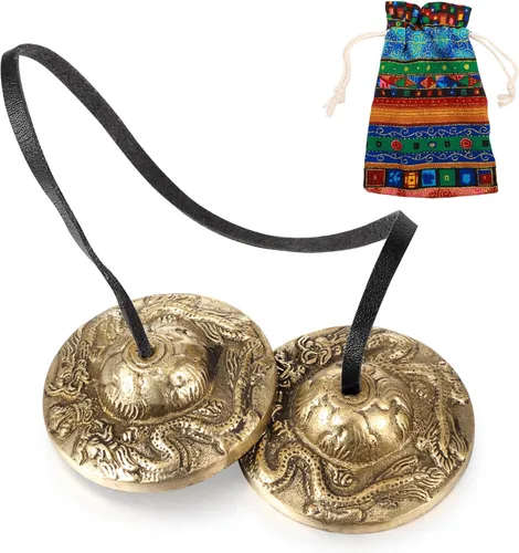 Miniatura 8 de Boao Campanas tibetanas Tingsha, platillos de meditación con bolsa de tela con cordón tibetano, timbre de meditación para instrumentos de percusión
