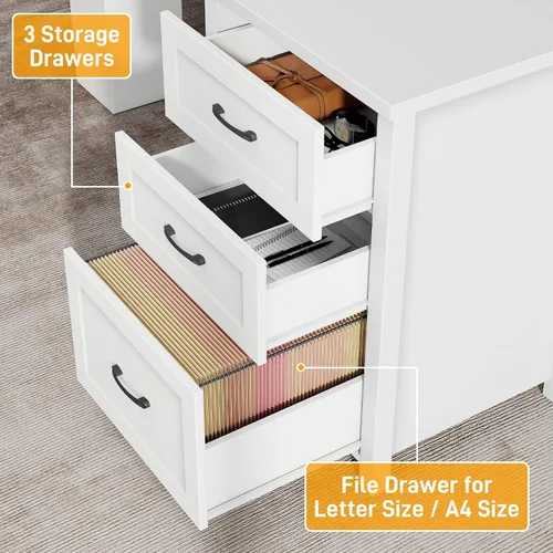 Miniatura 5 de Vabches Escritorio rústico en forma de L de 68 pulgadas de alto con gabinete, mesa de oficina con 3 cajones y puertas correderas, escritorio
