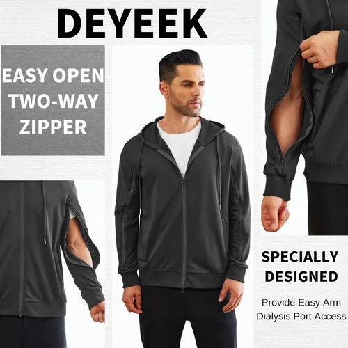 Miniatura 2 de Deyeek Sudaderas de diálisis con cremallera en el brazo, sudaderas con capucha y cremallera completa, chaqueta ligera de algodón de hemodiálisis