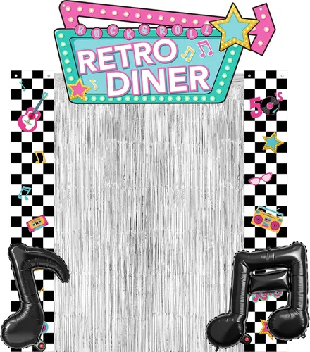 7 pancartas retro de los años 50, notas musicales, cortinas de seda plateadas, decoraciones de fiesta temática de los años 50, pancarta de rock and