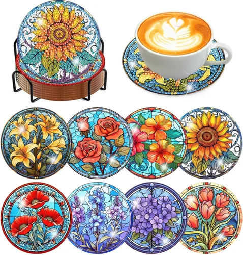 Miniatura 37 de Meothan Juego de 8 posavasos de arte de diamante para adultos con soporte, almohadillas de corcho, posavasos de arte de puntos de diamante de vidrio
