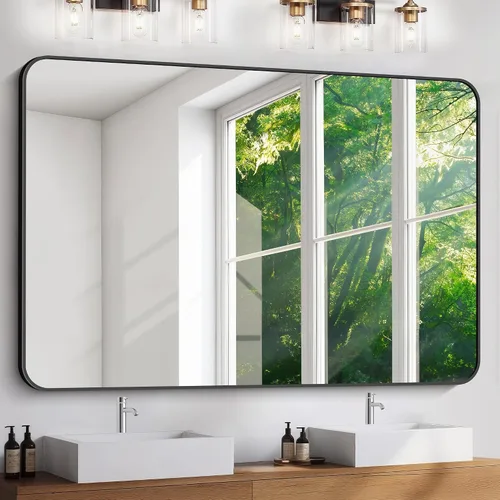 Miniatura 17 de FORBATH - Espejo de baño negro para sobre lavabo, espejo de pared de 16x24 pulgadas con marco de metal, esquinas redondeadas para baño, dormitorio
