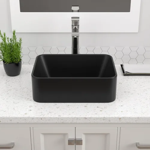 Miniatura 6 de Dcolora Lavabo de Recipiente Negro Rectangular de 40,6 x 30,5 cm Negro Mate Lavabo de Baño Rectangular sobre Encimera Cerámica Porcelana Lavadero