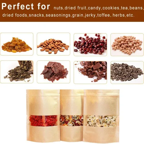 Miniatura 7 de Bolsas de papel kraft sellables para alimentos de pie, bolsas de papel Mylar con ventana transparente y cremallera, resistentes decorativas