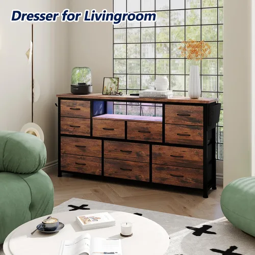 Miniatura 5 de LIVEHOM Cómoda Soporte para TV con toma de corriente y LED para TV de 45'', cómoda larga para dormitorio con 12 cajones, mesa consola ancha