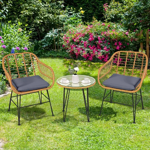 Miniatura 4 de Tangkula Juego de 3 piezas de patio bistró, juego de conversación de ratán con 2 sillones acolchados y mesa de centro redonda de cristal, juego