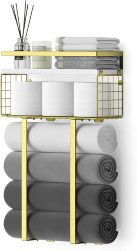 Miniatura 9 de Xstydes Toalleros para baño, toallero de metal con cesta de almacenamiento, toallero de pared para toallas enrolladas, almacenamiento de toallas