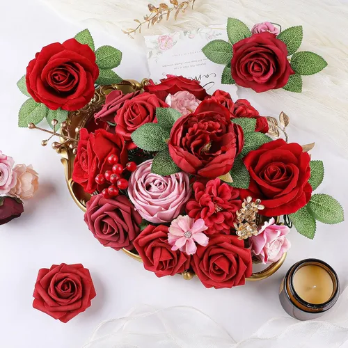 Miniatura 5 de AmyHomie Flores Artificiales Rojas Combo Mezcla de Seda Peonía Rosa Flores Falsas con Tallo para el Día de San Valentín DIY Ramos de Boda Centros