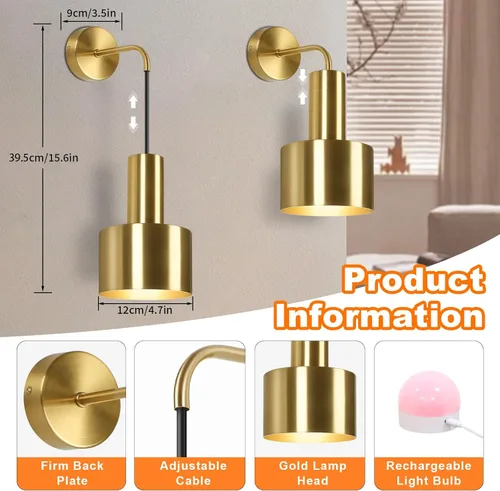 Miniatura 4 de VerRon Juego de dos apliques de pared recargables con batería, luces doradas inalámbricas con batería con bombillas desmontables y control remoto
