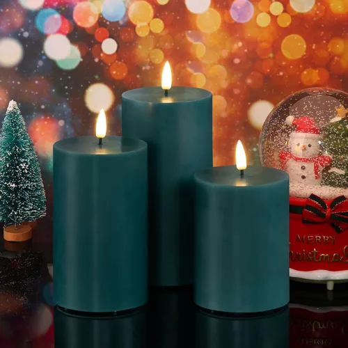 Miniatura 3 de Velas sin llama azules de pilar con control remoto, velas parpadeantes de Navidad LED de cera operadas por batería, juego de 3 unidades Verde