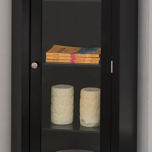 Miniatura 2 de Kings Brand Furniture - Armario de almacenamiento esquinero con puerta de cristal, vitrina de esquina con 4 estantes, gabinete de madera para sala