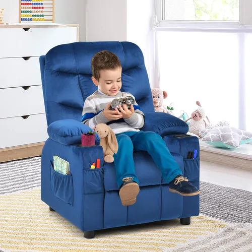 Miniatura 2 de Costzon Silla reclinable para niños con soporte para tazas, silla de salón de terciopelo ajustable con reposapiés y bolsillos laterales
