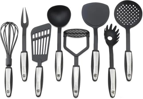 Juego de utensilios de cocina de cookurs incluye 8 utensilios de cocina antiadherentes, triturador de espagueti, desnatador, cucharón, pescado,