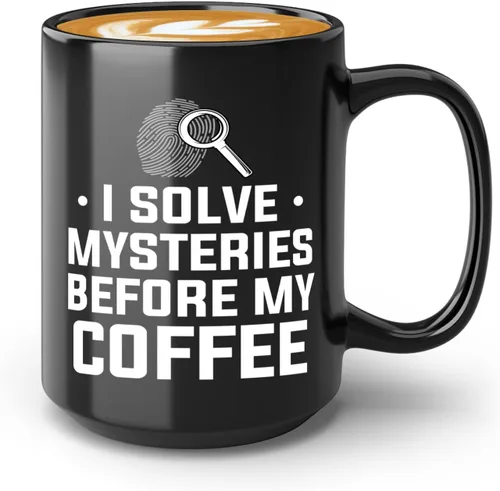 Taza de café detective de 15 onzas, color negro - I solve mysteries - Oficial de policía policía patrulla detective sheriff aplicación de la ley